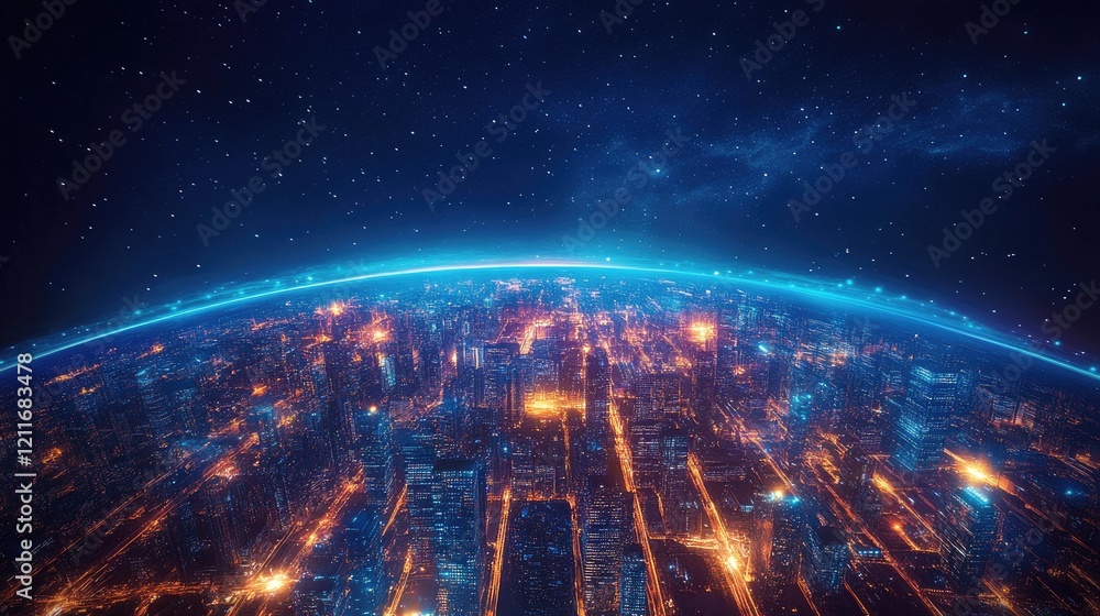 Neon-lit skyscrapers in a futuristic metropolis hover above a glowing Earth, symbolizing a vision of advanced urban development. Neon-lit skyscrapers in a futuristic metropolis hover above a glowing Earth, symbolizing a vision of advanced urban development.
