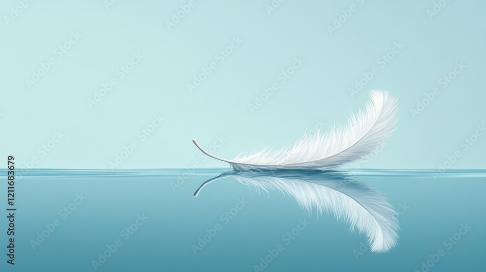 White feather floats on calm blue water, serene background, website banner White feather floats on calm blue water, serene background, website banner