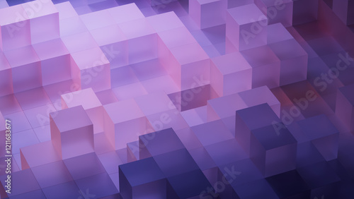 Precisely Aligned Translucent Blocks. Violet and Orange, Futuristic Tech Background. 3D Render.