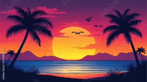 Silhouetted palm trees on a calm beach, with a gradient sunset sky casting radiant colors over the horizon for a peaceful scene.