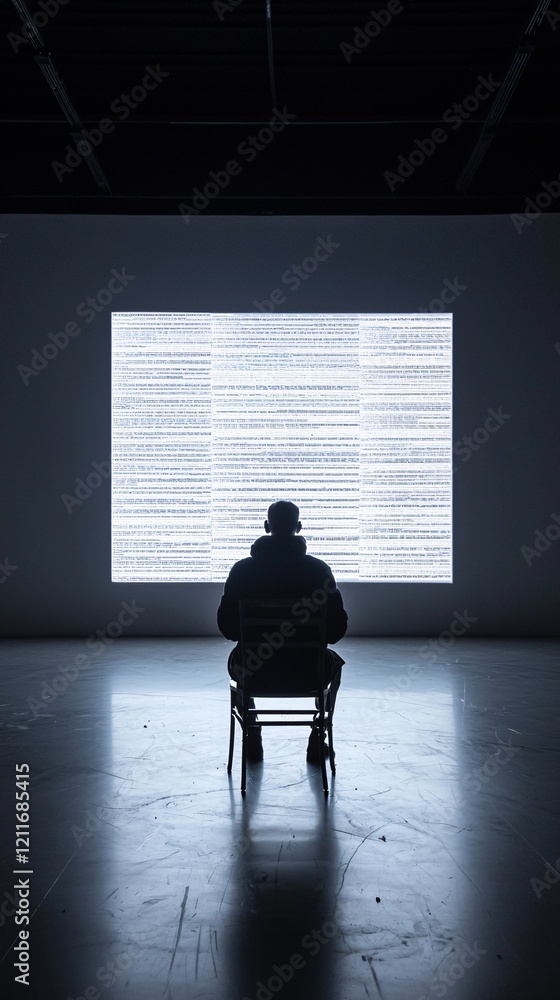 Obraz premium A single person in a dark room analyzing a complex data stream projected from a laptop screen