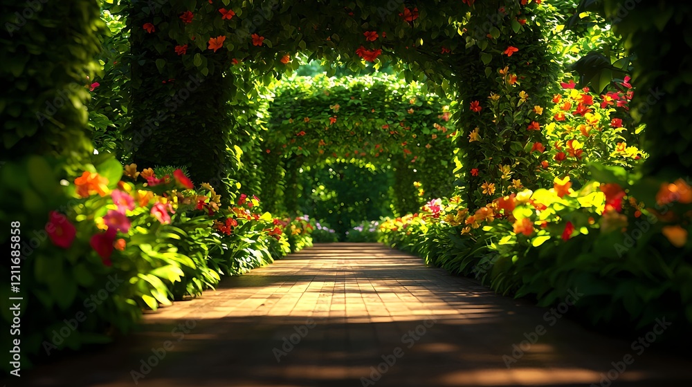 Fototapeta premium Serene Pathway Through Colorful Flower Archways in Lush Garden