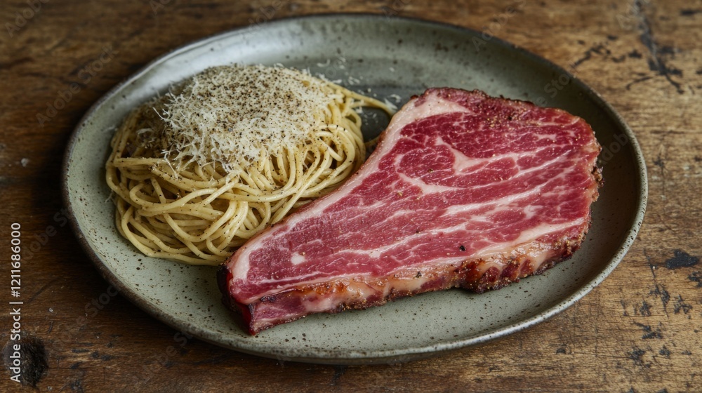 A beautifully arranged plate of classic spaghetti carbonara, topped with grated Parmesan cheese and crispy pancetta, against a rustic wooden table backdrop A beautifully arranged plate of classic spaghetti carbonara, topped with grated Parmesan cheese and crispy pancetta, against a rustic wooden table backdrop