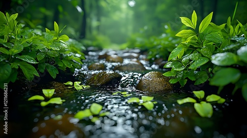 Tranquil Stream Surrounded by Lush Greenery in a Forest Setting photo