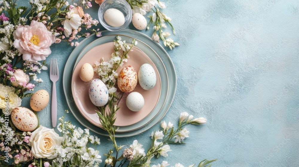 Pastel easter eggs on elegant floral table setting with spring flowers Pastel easter eggs on elegant floral table setting with spring flowers