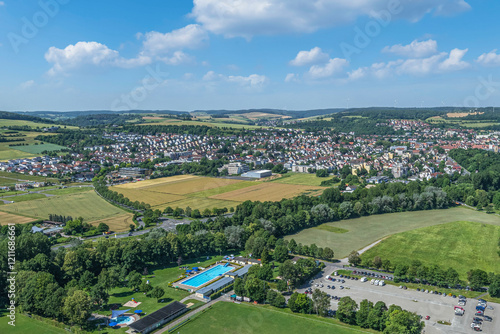 Das Liebliche Taubertal bei Bad Mergentheim an einem sonnigen Sommertag von oben  photo