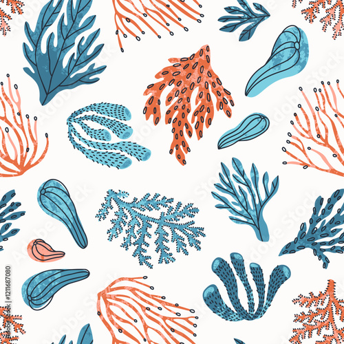 Seamless pattern with corals and underwater plants scattered on a white background. Pattern for summer fabrics. Flat vector illustration