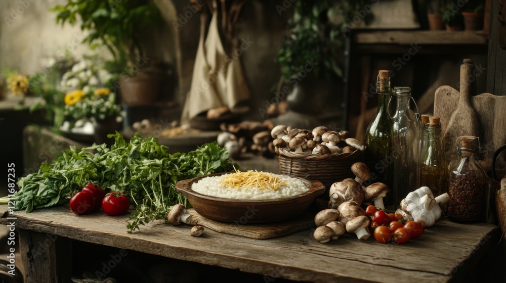 A beautiful composition of a rustic wooden table filled with mushroom risotto, garnished with grated cheese and fresh herbs, inviting viewers to indulge in the dish. A beautiful composition of a rustic wooden table filled with mushroom risotto, garnished with grated cheese and fresh herbs, inviting viewers to indulge in the dish.