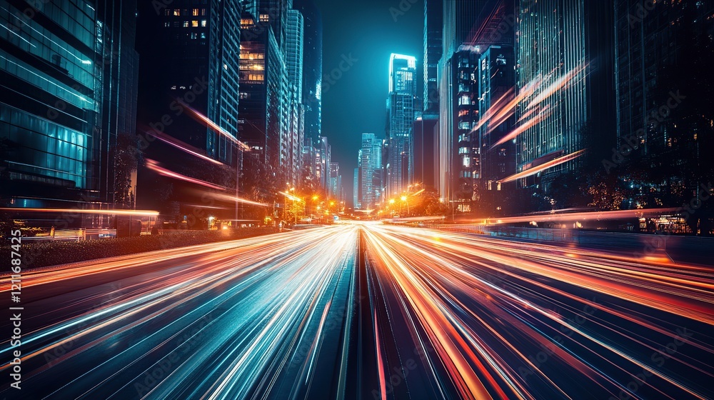 Obraz premium Night cityscape with light trails on a highway.