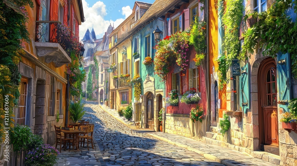 Fototapeta premium Charming Cobblestone Street in a Vibrant European Village