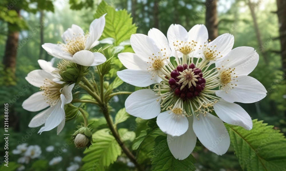 Vibrant wild blackberry bloom with intricate white petals in the forest, woodland, wilderness, growth, detail Vibrant wild blackberry bloom with intricate white petals in the forest, woodland, wilderness, growth, detail