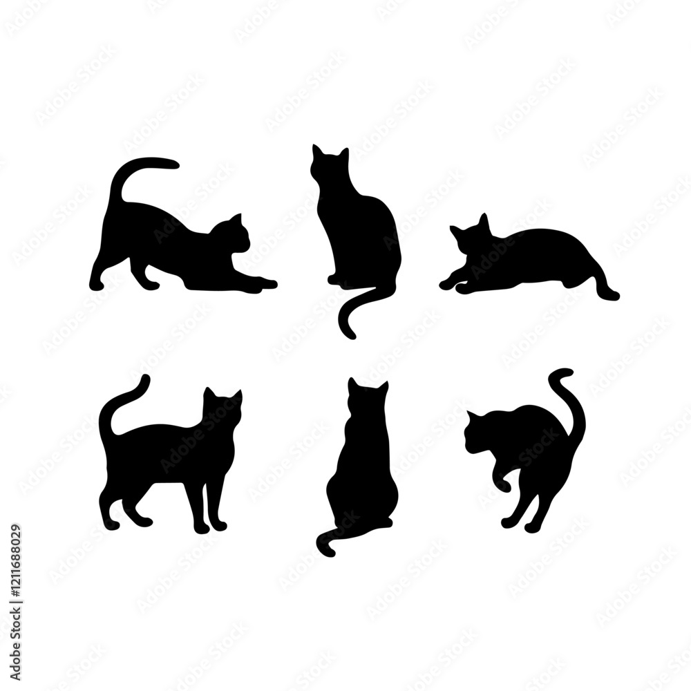A collection of six black cat silhouettes in various poses, including sitting, stretching, leaping, and playing, displayed on White background. A collection of six black cat silhouettes in various poses, including sitting, stretching, leaping, and playing, displayed on White background.