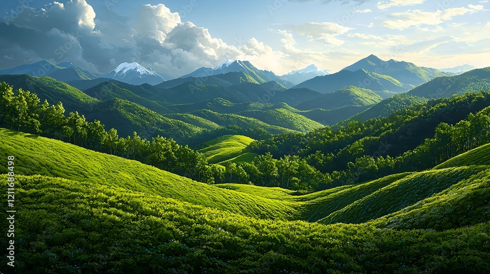 Lush Green Mountain Landscape with Rolling Hills and Dramatic Sky Lush Green Mountain Landscape with Rolling Hills and Dramatic Sky
