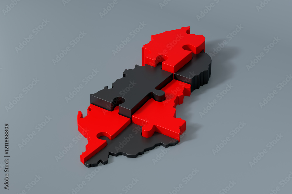 Albania map puzzle is assembled with red and black pieces Albania map puzzle is assembled with red and black pieces