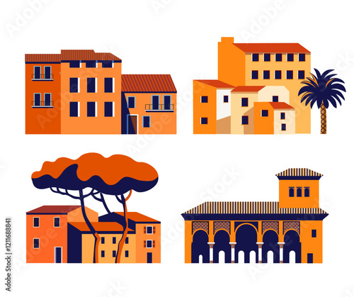 set of mediterranean town vector stylized illustrations