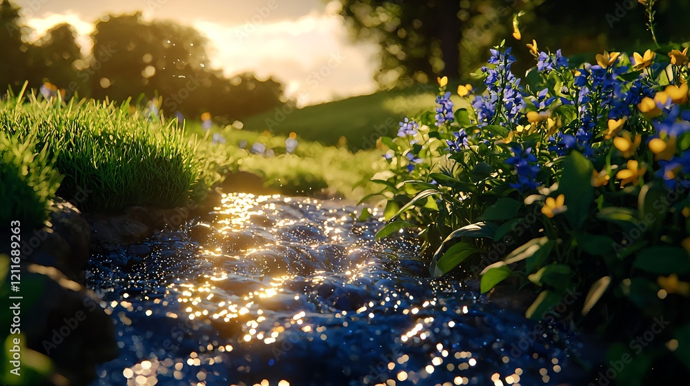 Obraz premium Tranquil Stream Flowing Through Vibrant Wildflower Meadow Landscape