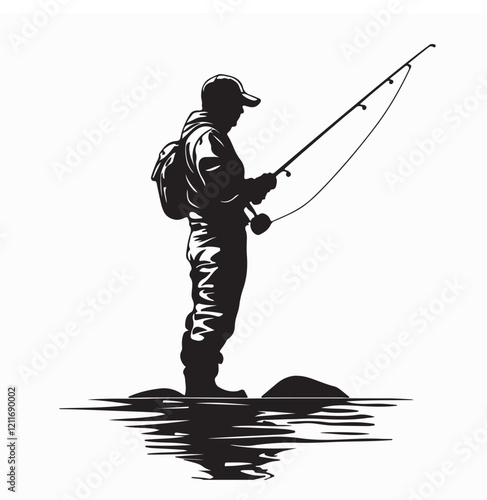 Fisherman fishing on a lake Silhouette vector isolated on white background 