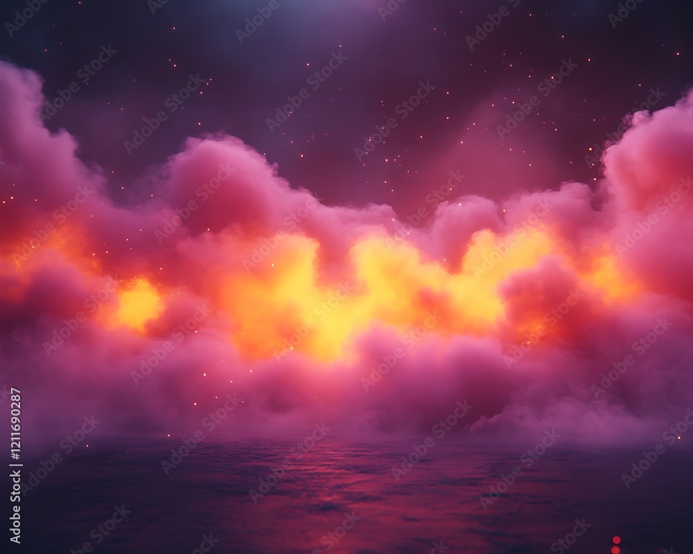 Glowing pink and orange clouds over dark water. Glowing pink and orange clouds over dark water.