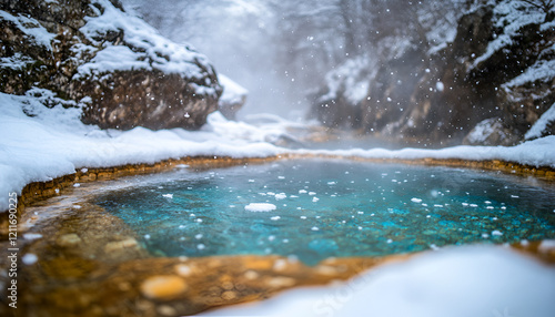 Serene Snowy Landscape with Turquoise Hot Spring and Icy Terrain

