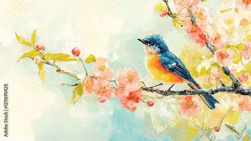 painting illustration cheerful springtime, colorful bird with flower peaceful nature scene with soft bokeh light and sunflare