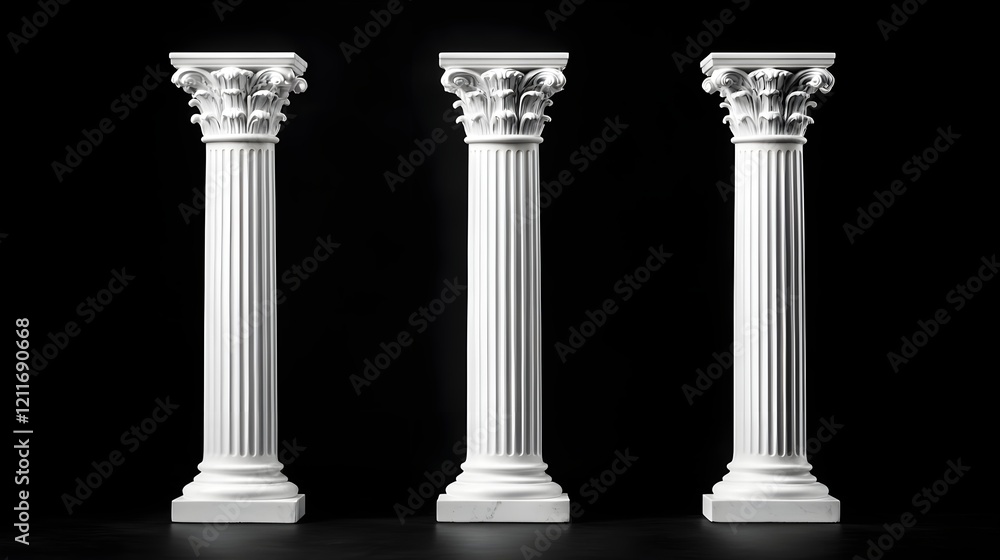 Three Elegant White Columns with Intricate Designs on Black Background Three Elegant White Columns with Intricate Designs on Black Background