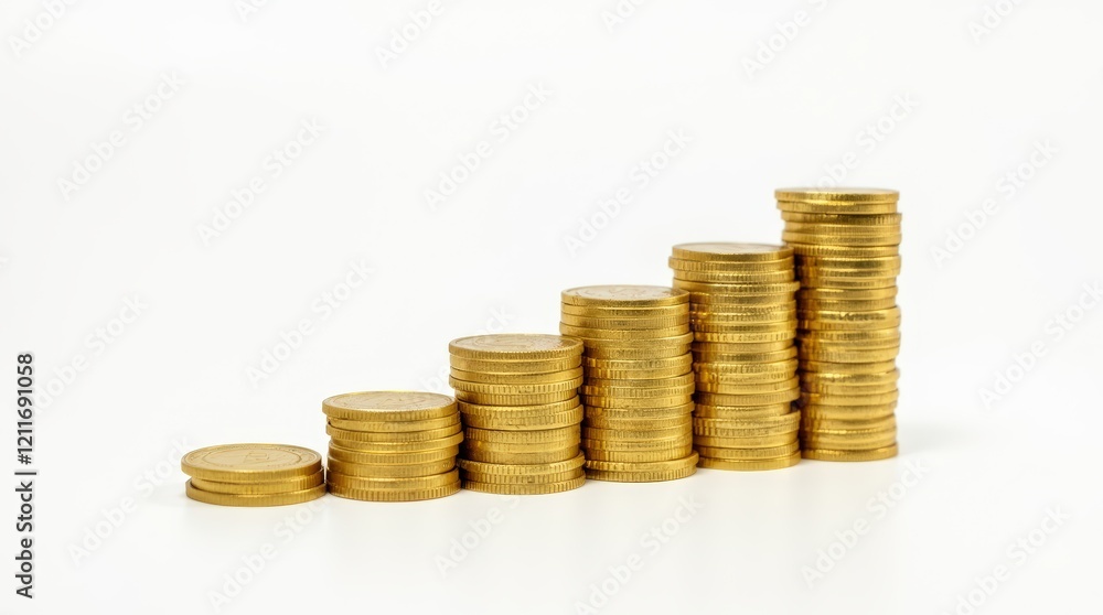 Business Concept of Financial Growth with Stacked Coins and White Background Business Concept of Financial Growth with Stacked Coins and White Background