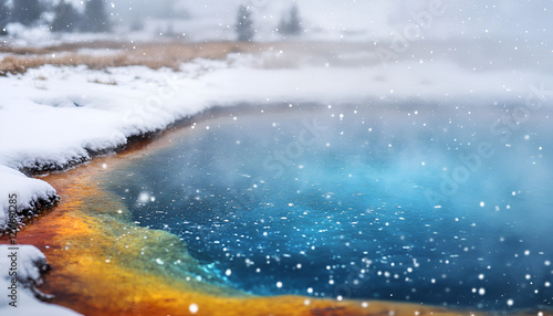 Surreal Snowy Landscape with Vibrant Hot Spring and Snowflakes

