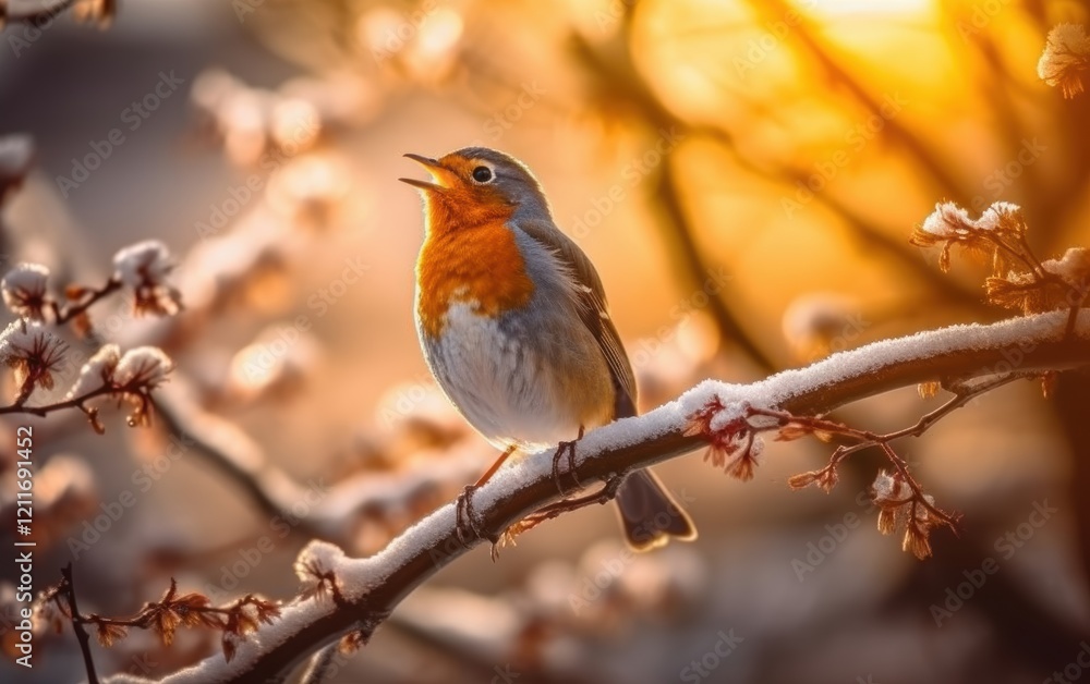 Robin Singing on a Snowy Branch at Sunset Robin Singing on a Snowy Branch at Sunset