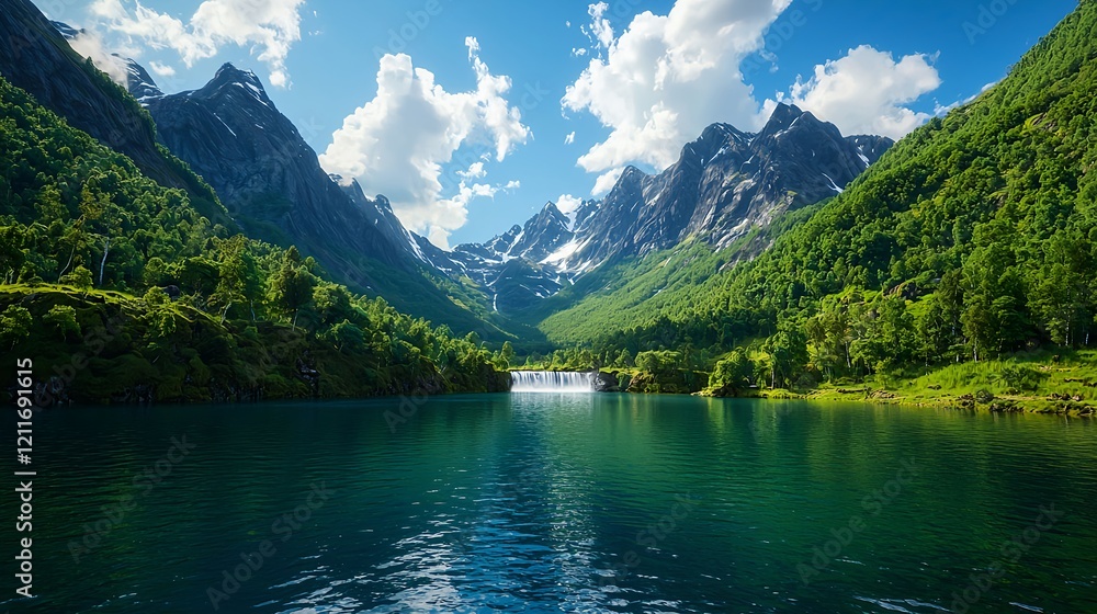 Majestic Waterfall Surrounded by Lush Green Mountains and Blue Sky Majestic Waterfall Surrounded by Lush Green Mountains and Blue Sky