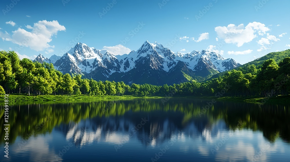 Serene Mountain Landscape with Reflection in Calm Lake Water Serene Mountain Landscape with Reflection in Calm Lake Water