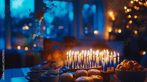 white blue candles on hanukkah celebration table photo