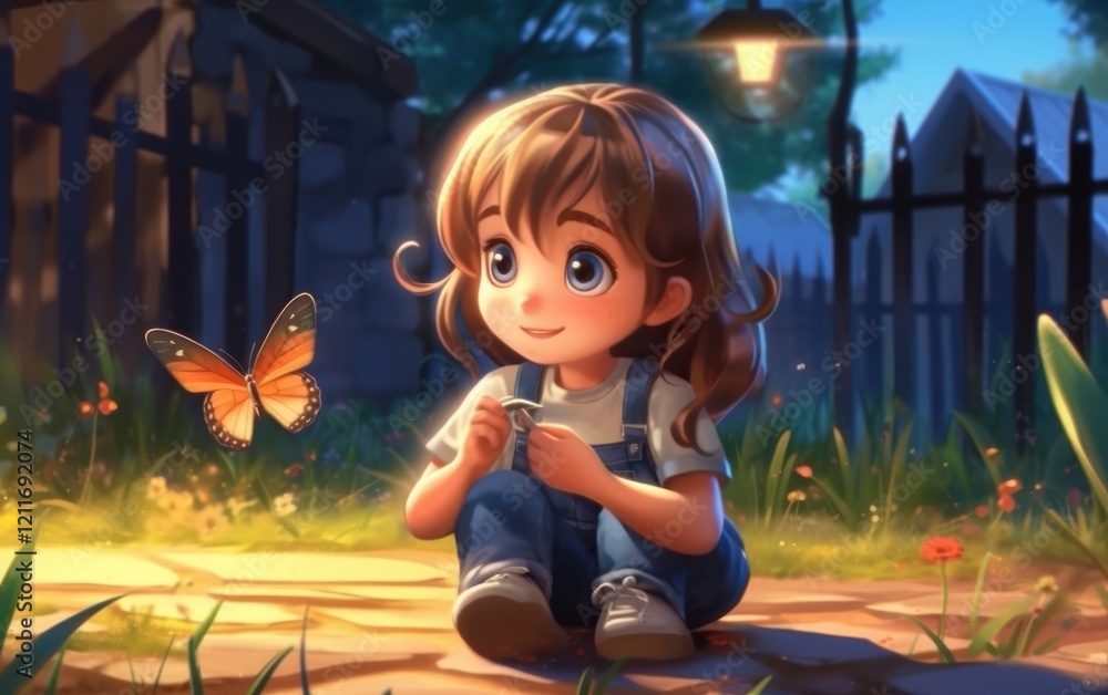 A Little Girl Watching a Butterfly A Little Girl Watching a Butterfly