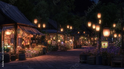 Night market street scene with illuminated shops and lanterns.