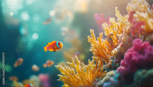 Underwater Scene with Clownfish and Vibrant Coral Formations

