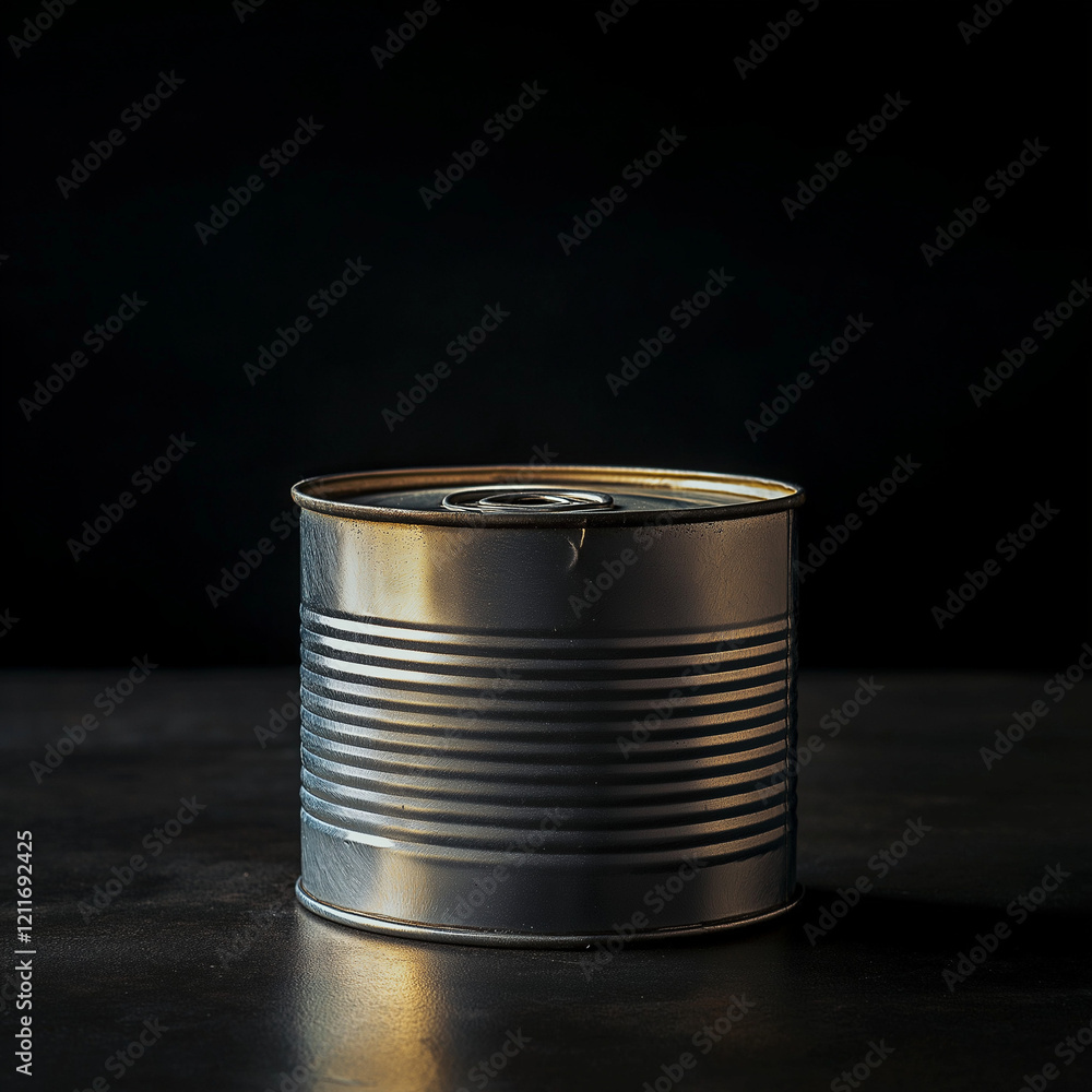 Retro Aluminum Tin Can on Dark Background with Dramatic Lighting for Vintage Appeal Retro Aluminum Tin Can on Dark Background with Dramatic Lighting for Vintage Appeal