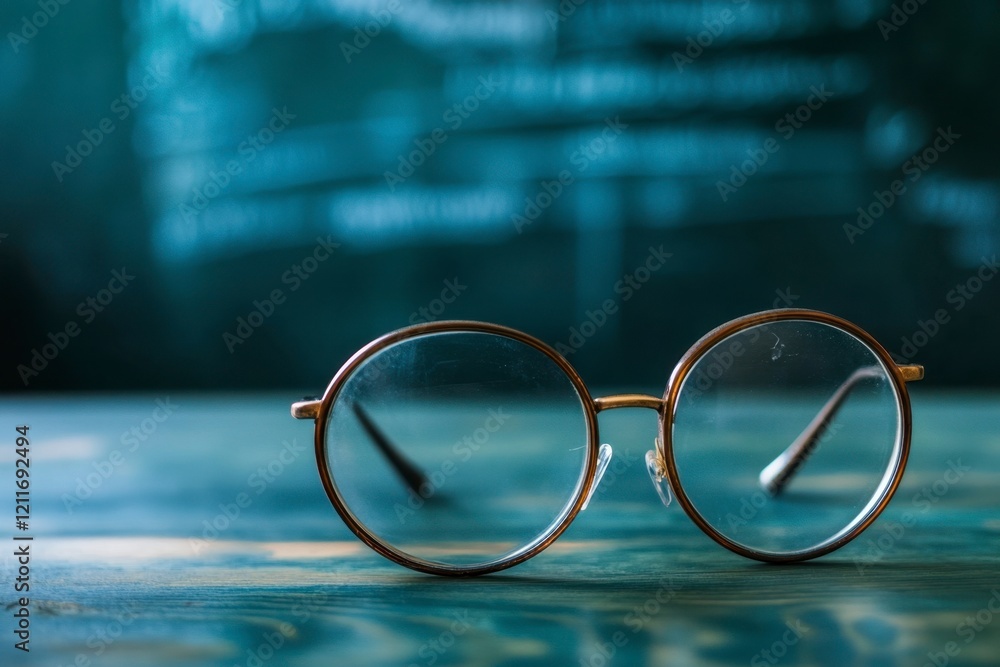 Round Glasses on Teal Desk, Education Theme Round Glasses on Teal Desk, Education Theme