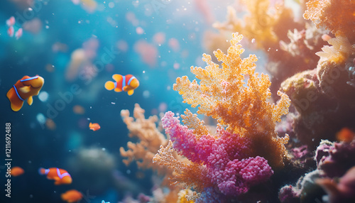 Vibrant Underwater Scene with Colorful Coral Reefs and Swimming Fish

