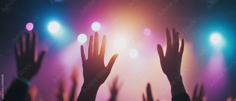 © Khamidhilal - Concert crowd, raised hands, stage lights, music event.