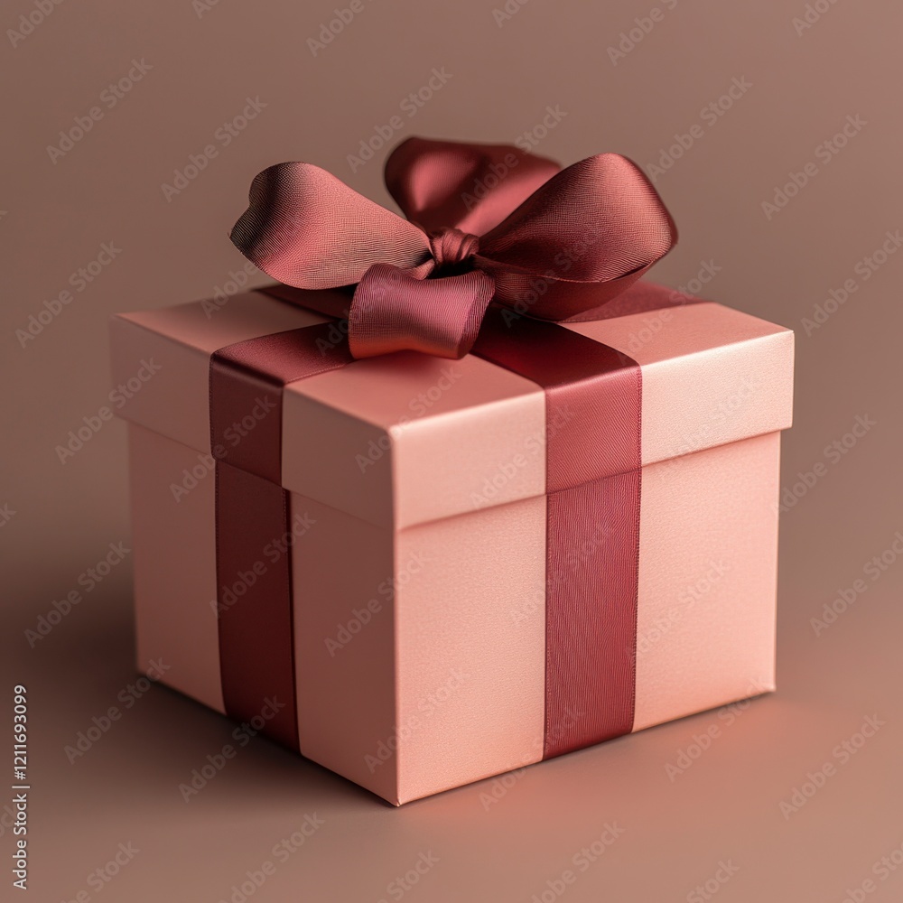 Obraz premium Pink Gift Box with Burgundy Ribbon - Elegant Present on Brown Background