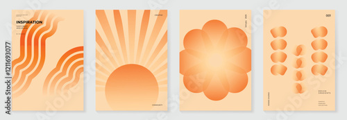 Collection of 70s color gradient poster background vector. Set of retro wall decoration, groovy, trippy, geometric shape. Vintage hippie wall art for interior, decorative, banner, cover, card.