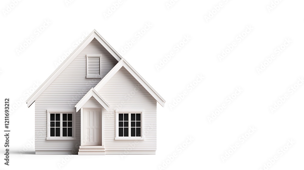 A simple, modern white house with a peaked roof and multiple windows, set against a plain background. A simple, modern white house with a peaked roof and multiple windows, set against a plain background.