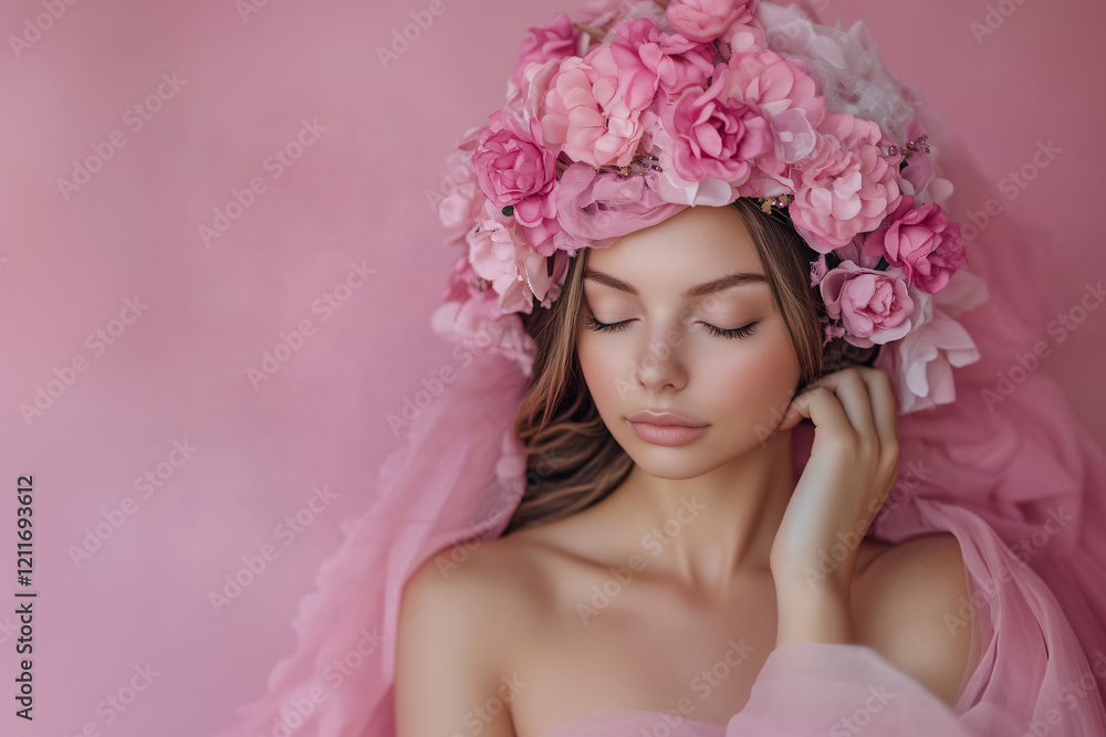 woman with pink flowers wreath on pink background with copy space woman with pink flowers wreath on pink background with copy space