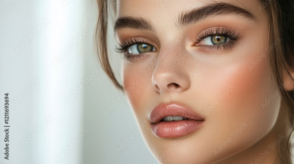 Close-up Portrait of a Woman with Freckles and Green Eyes, Neutral Makeup Close-up Portrait of a Woman with Freckles and Green Eyes, Neutral Makeup