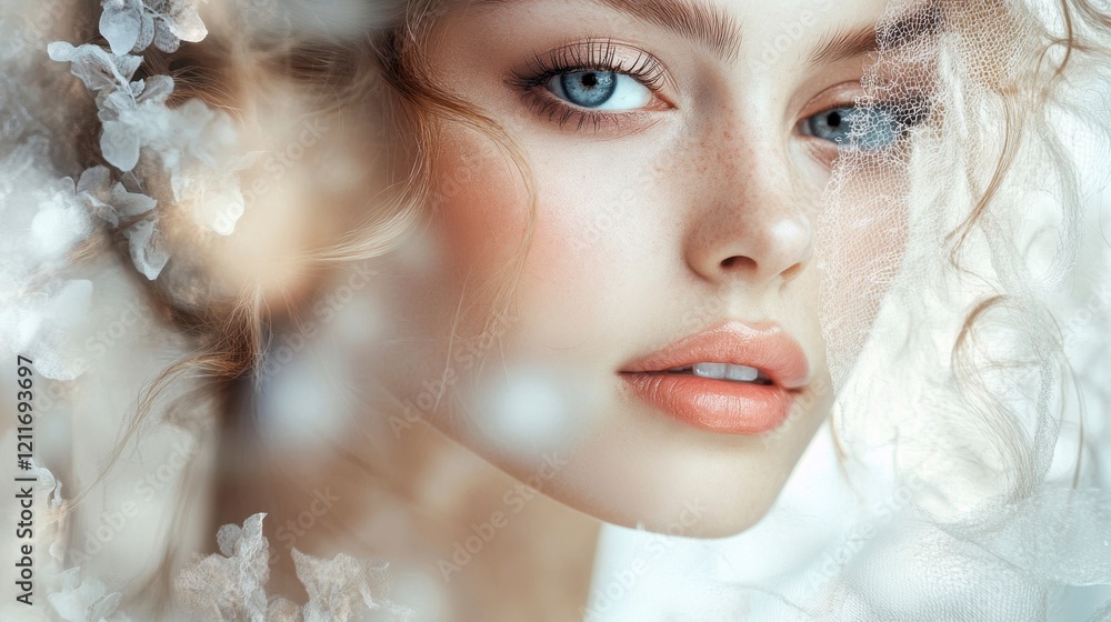 Freckled Woman Smiling, Close-Up Portrait, Soft Light, Floral Veil Freckled Woman Smiling, Close-Up Portrait, Soft Light, Floral Veil