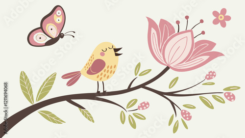 Spring scene with trees, flowers, butterflies, birds, vector illustration