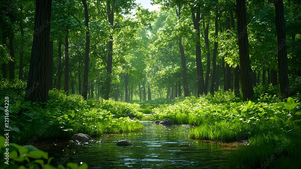 Lush Green Forest with Stream Under Bright Sunlight and Clear Sky Lush Green Forest with Stream Under Bright Sunlight and Clear Sky