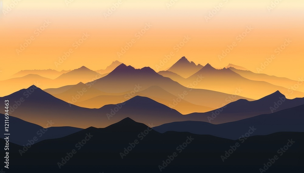 Fototapeta premium A breathtaking vista of mountains silhouetted against a vibrant orange sunset sky.
