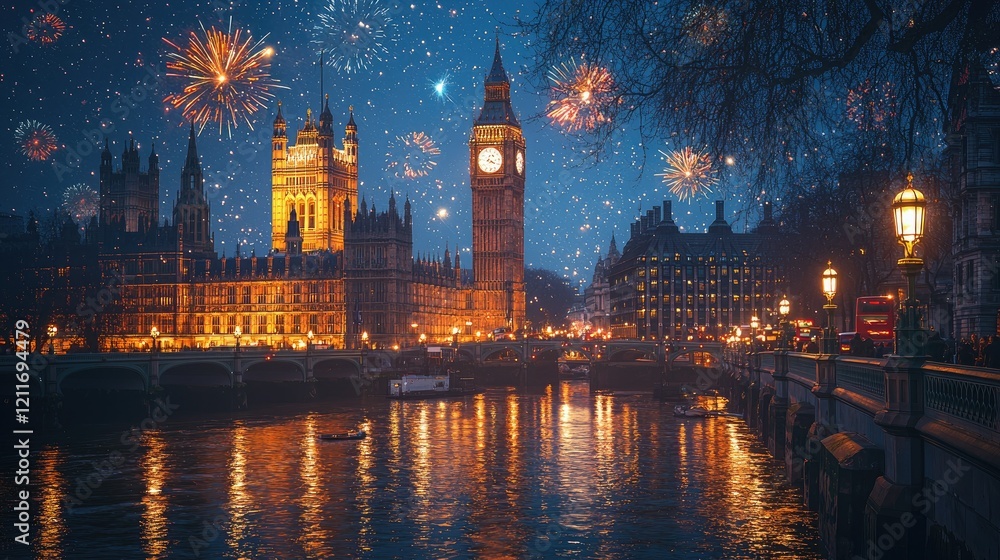 Obraz premium Fireworks illuminate London cityscape at night