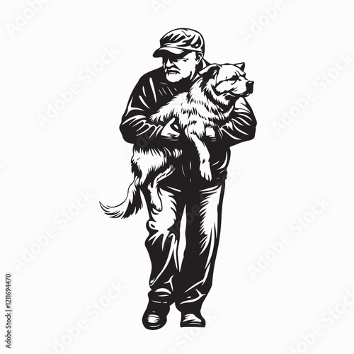  Elderly Man Strolling Gently While Holding His Beloved Dog vector image isolated on white background.