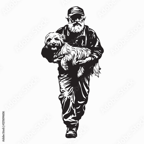  Elderly Man Strolling Gently While Holding His Beloved Dog vector image isolated on white background.